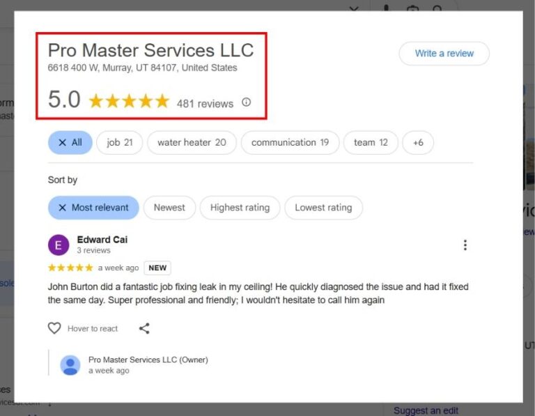Pro Master Services LLC Google Business profile showing 5-star rating from 481 reviews with customer testimonial for plumbing leak repair in Murray, Utah
