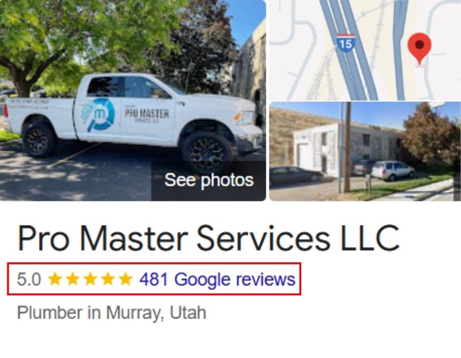 Pro Master Services LLC Google Business profile showing 5-star rating with 481 reviews for plumbing services in Murray, Utah
