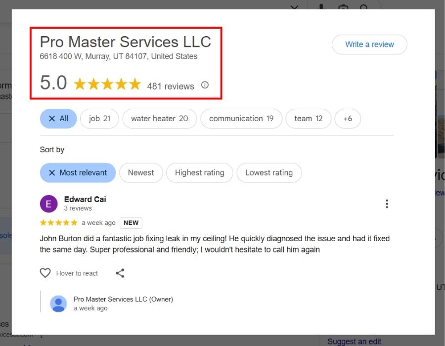 Pro Master Services LLC Google Business profile showing 5-star rating from 481 reviews with customer testimonial for plumbing leak repair in Murray, Utah
