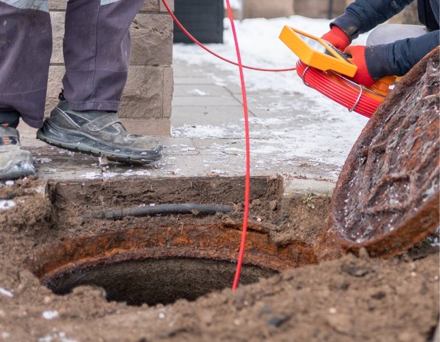 Technician performing sewer camera inspection with cable and monitor outside residential property