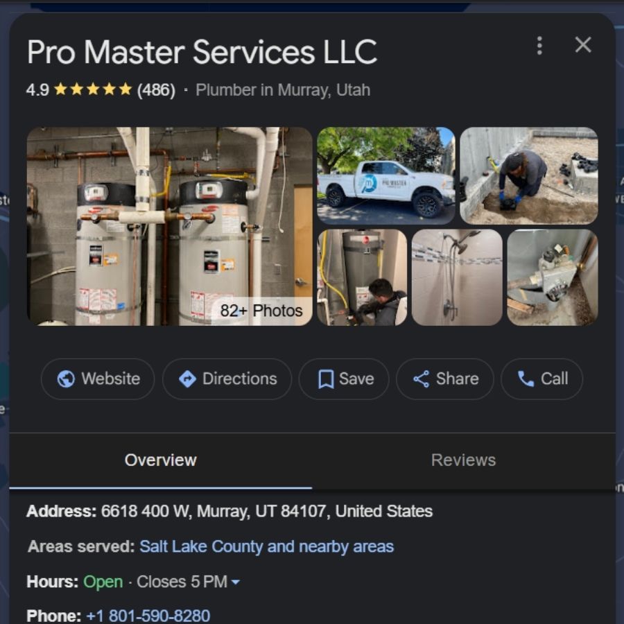 pro-master-services-google Pro Master Services LLC Google business profile with 4.9-star rating and plumbing photos in Murray, Utah