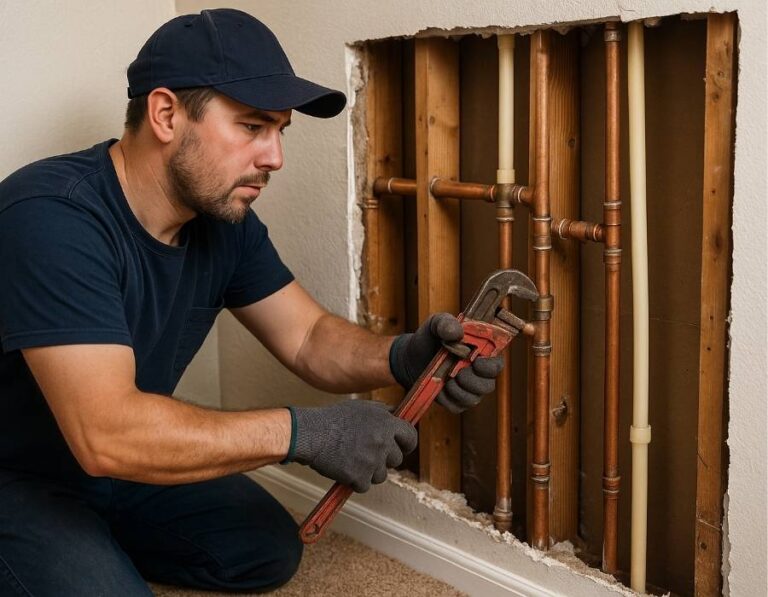 Professional plumber repairing copper pipes inside a wall using a pipe wrench – repiping service in Utah