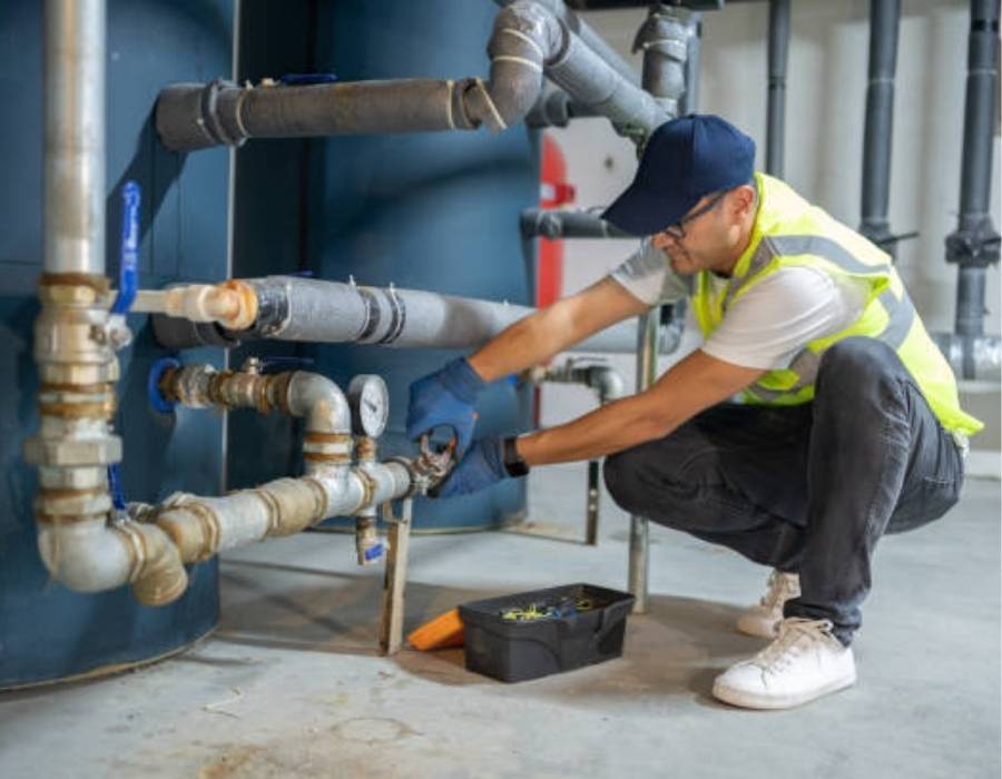 Commercial plumber repairing large industrial pipes during emergency plumbing service