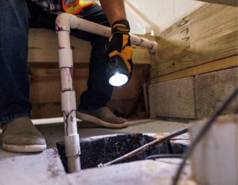 Plumber performing sewer inspection in West Valley City with flashlight inside crawl space
